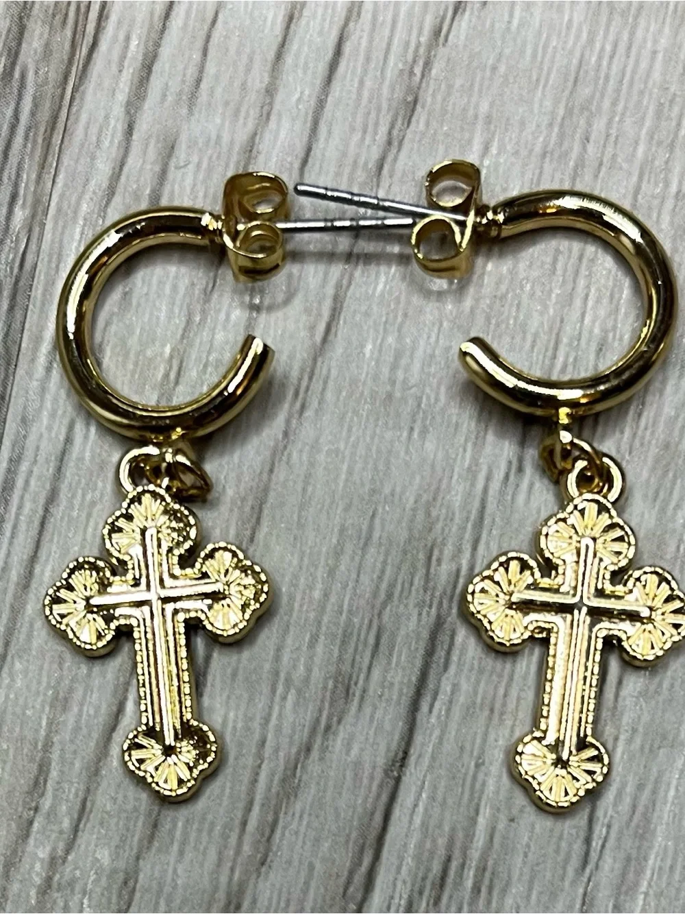 Gold Cross Charm Hoop Earrings